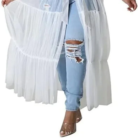 New White Mesh See-Through Shirt Long Dress with Belt V Neck Button Down - Picture 2 of 8